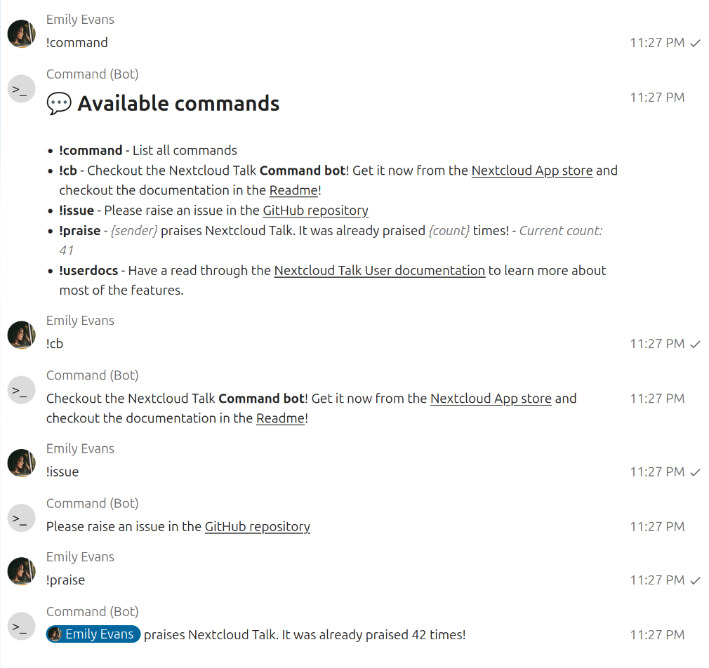A chat log showing the !command and some of the samples below